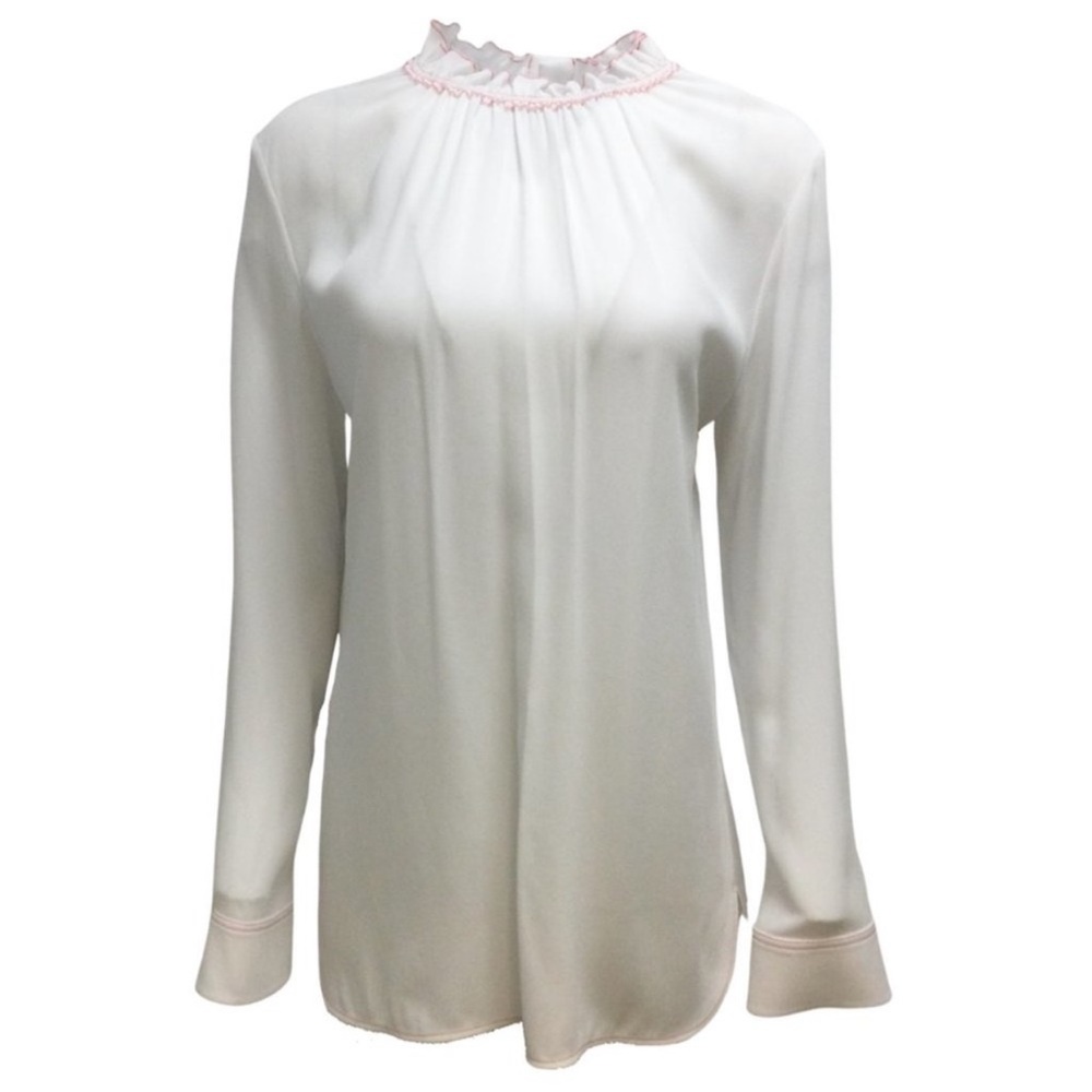 Marni White/Red contrast Stitching Puckered Neck Long Sleeved Crepe Blouse